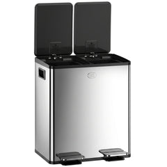 HOMCOM Trash Can, 2 x 5 Gallon Stainless Steel Garbage Can with Soft Close, Stay-Open Lid, Pedals, Inner Buckets, Silver