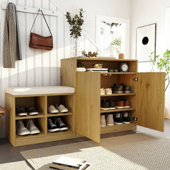U_Style Livingroom Cabinet with Shoe Bench, 2 Doors and 3-Tier Adjustable Shelves, Entryway Bench with 4 Open Shoe Racks and Removeble Cushion, Storage Console Table with Wavy Slatted Door and Hooks