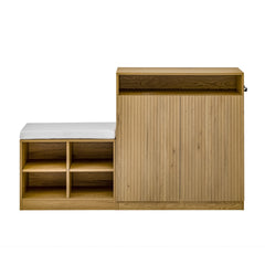 U_Style Livingroom Cabinet with Shoe Bench, 2 Doors and 3-Tier Adjustable Shelves, Entryway Bench with 4 Open Shoe Racks and Removeble Cushion, Storage Console Table with Wavy Slatted Door and Hooks