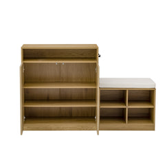 U_Style Livingroom Cabinet with Shoe Bench, 2 Doors and 3-Tier Adjustable Shelves, Entryway Bench with 4 Open Shoe Racks and Removeble Cushion, Storage Console Table with Wavy Slatted Door and Hooks