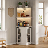 67.3" Corner Bar Cabinet with Power Outlet, Farmhouse Wine Bar Cabinet with Adjustable Shelves for Home,with Lights & Glass Rack for Dining Room, Living Room, Kitchen
