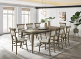 Billie 88" Vintage Walnut 9 Piece Dining Table with Extension Leaf and Off White Fabric Dining Chairs