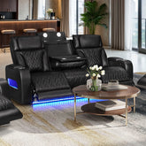 Jazmina 84"W Black Leather Aire Transformer Power Reclining Sofa with Power Headrest, LED Lights, Wireless Charging Drop-Down Table, USB & USB-C Ports, Storage & Cupholders
