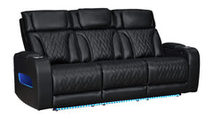 Jazmina 84"W Black Leather Aire Transformer Power Reclining Sofa with Power Headrest, LED Lights, Wireless Charging Drop-Down Table, USB & USB-C Ports, Storage & Cupholders