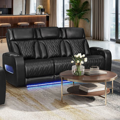 Jazmina 84"W Black Leather Aire Transformer Power Reclining Sofa with Power Headrest, LED Lights, Wireless Charging Drop-Down Table, USB & USB-C Ports, Storage & Cupholders
