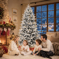 HOMCOM 6ft Flocked Prelit Christmas Tree, Hinged Xmas Tree with 2015 Tips, 260 Warm White LED Lights, Green White