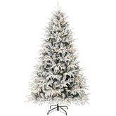 HOMCOM 7ft Flocked Prelit Christmas Tree, Hinged Xmas Tree with 2679 Tips, 350 Warm White LED Lights, Green White