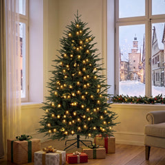 HOMCOM 6ft Prelit Christmas Tree, Wide Artificial Hinged Xmas Tree with 300 Warm White LED Lights, 2345 Tips, Green