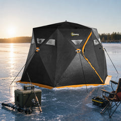 Outsunny 4 Person Insulated Pop-Up Ice Fishing Shelter, 360-Degree View, Portable Ice Fishing Tent Shanty with Carry Bag, Two Doors and Anchors for Low-Temp -22℉, Black and Orange