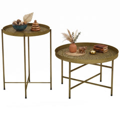HOMCOM Coffee Table Set for Living Room, Round Center Table Set with Hammered Tray Top and Metal Frame for Bedroom, Gold