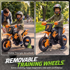 Qaba 12V Kids Motorcycle, 2 x 35W Electric Dirt Bike with Training Wheels, Rear Suspension, Horn for 3-6 Years, Orange