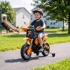 Qaba 12V Kids Motorcycle, 2 x 35W Electric Dirt Bike with Training Wheels, Rear Suspension, Horn for 3-6 Years, Orange