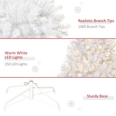 HOMCOM 6 FT Tall PreLit Artificial Christmas Tree with Realistic Branches, 250 Warm White LED Lights and 1000 Tips, White
