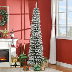 HOMCOM 7' Tall Unlit Slim Pencil Xmas Tree, Snow-Flocked Artificial Christmas Tree with Realistic Branches and 603 Tips, Green