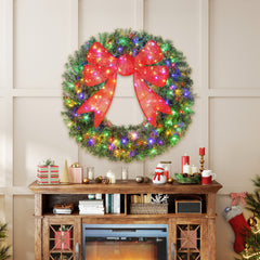 HOMCOM 48in Pre-Lit Christmas Wreath with 3D Red Bow, 11 Lighting Modes, Front Door Christmas Wreath with Remote