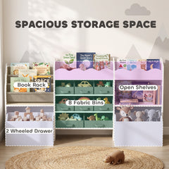 Qaba Kids Toy Storage Organizer, Kids Bookshelf with 8 Fabric Bins, 2 Rolling Drawers, Open Shelves for Kids Room, White