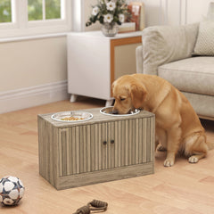 PawHut Elevated Dog Bowls with Storage Cabinet, 2 Stainless Steel Bowls, Slow Feeder, Dog Feeding Station for Large Dogs, Brown Wood Grain