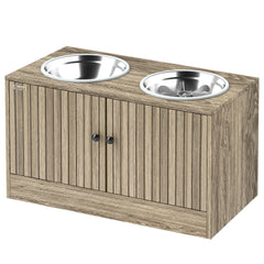 PawHut Elevated Dog Bowls with Storage Cabinet, 2 Stainless Steel Bowls, Slow Feeder, Dog Feeding Station for Large Dogs, Brown Wood Grain