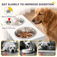 PawHut Elevated Dog Bowls with Storage Cabinet, 2 Stainless Steel Bowls, Slow Feeder, Dog Feeding Station for Large Dogs, White