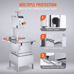 Commercial Electric Meat Bandsaw, 2200W Stainless Steel Vertical Bone Sawing Machine, Workbeach 24.4" x 20.5", 0.16-8.7 Inch Cutting Thickness, Frozen Meat Cutter with 6 Blades for Rib Pork Beef