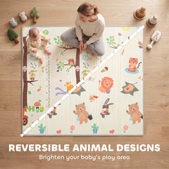 Qaba Foldable & Reversible Baby Play Mat, 79" x 71"Thick Play Mat for Floor, Waterproof Non-Slip, Giraffe & Woodland Animals