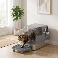 PawHut Stainless Steel Cat Litter Box with Flip Lid, XXL Enclosed Litter Box, High Sided, Step, Metal Scoop, 2 Deodorizing Bags