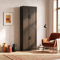 HOMCOM Freestanding Kitchen Pantry, 4-Door Kitchen Pantry Cabinet with Adjustable Shelves and Doors, Brown