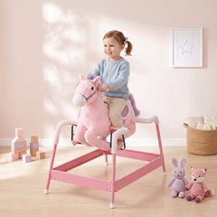 Qaba Kids Spring Rocking Horse, Ride on Horse with Neighing Sounds, Plush Animal Ride on Toy for Ages 3+ Years, Pink