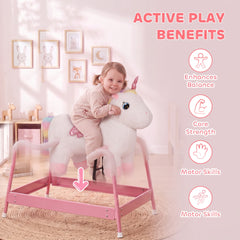 Qaba Kids Spring Rocking Horse, Unicorn Ride on Horse with Neighing Sounds, Plush Animal Ride on Toy for Ages 3+, White