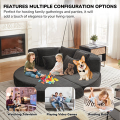 78.5-Inch Corduroy Semi-Circular 2-in-1 Sofa Bed, Designer Recliner with Neck Pillow and Five Throw Pillows in Living Room