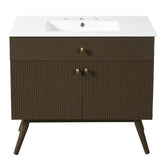 36" Luxury Striped Dark Brown Vanity: Soft-Close Dual-Door Storage & Premium Ceramic Sink