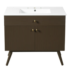 36" Luxury Striped Dark Brown Vanity: Soft-Close Dual-Door Storage & Premium Ceramic Sink