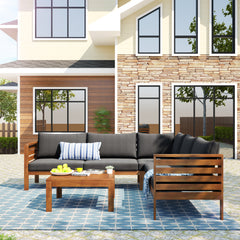 Wood Structure Outdoor Sofa Set with gray Cushions Exotic design Water-resistant and UV Protected texture High quality acacia wood Strong Metal Accessorie