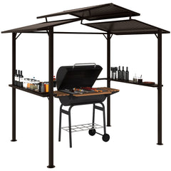 Outsunny 8 x 5ft Hardtop Grill Gazebo with Double Metal Roof, 2 Side Shelves and 4 Cup Holders for Patio Backyard Lawn Deck
