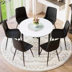 Table and chair set.42 inch modern minimalist white desktop round dining table set.Paired with 6 Black Artificial PU Chairs With Curved Widened Cushion Design. Suitable for dining rooms,office,etc.