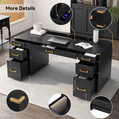 70" Extra-Large Classic and Traditional Executive Desk with Metal Edge Trim ,Writing Desk with 2 file drawers,USB Ports and Outlets,Desk with Hidden Compartment for Living Room,Home Office,Study Room,