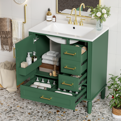 Traditional 30" Green Bathroom Vanity Set, Floor Standing, with Three Drawers, Soft Close Doors, with Long Gold Metal Handles - Perfect for Small Bathrooms