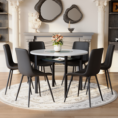 Table and chair set.42 inch modern minimalist white desktop round dining table set.Paired with 6 Black Artificial PU Chairs With Curved Widened Cushion Design. Suitable for dining rooms,office,etc.