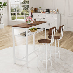 3 Piece Bar Table Set, Bar Table and Chairs Set of 2 with Metal Frame and Storage Rack , Modern Counter Height Table with 2 Stools for Kitchen, Dining Room, Living Room Breakfast Table Wood Top