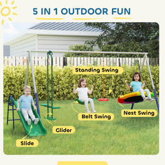 Qaba 5-in-1 Kids Swing Set with Slide, Swings and Glider for Backyard, 770lbs Capacity, for Ages 3-8, Mixed Color