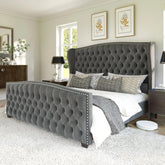 AMERLIFE Modern Bed Frame with Wingback Headboard, Upholstered Bed Frame with Handmade Button Tufted & Nailhead, Wooden Slats Support/Luxury Bedroom Furniture/Queen/King/California King Size/Best Gift Ideas/Christmas Gifts