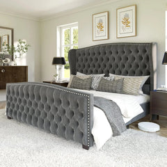 AMERLIFE Modern Bed Frame with Wingback Headboard, Upholstered Bed Frame with Handmade Button Tufted & Nailhead, Wooden Slats Support/Luxury Bedroom Furniture/Queen/King/California King Size/Best Gift Ideas/Christmas Gifts