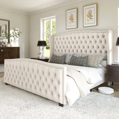 AMERLIFE Modern Bed Frame with Wingback Headboard, Upholstered Bed Frame with Handmade Button Tufted & Nailhead, Wooden Slats Support/Luxury Bedroom Furniture/Queen/King/California King Size/Best Gift Ideas/Christmas Gifts