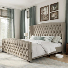 AMERLIFE Modern Bed Frame with Wingback Headboard, Upholstered Bed Frame with Handmade Button Tufted & Nailhead, Wooden Slats Support/Luxury Bedroom Furniture/Queen/King/California King Size/Best Gift Ideas/Christmas Gifts