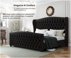 AMERLIFE Modern Bed Frame with Wingback Headboard, Upholstered Bed Frame with Handmade Button Tufted & Nailhead, Wooden Slats Support/Luxury Bedroom Furniture/Queen/King/California King Size/Best Gift Ideas/Christmas Gifts