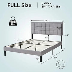 AMERLIFE Modern Bed Frame with RGB LED Lights and Linen Upholstered Headboard, Button Tufted Platform Bed Frame with USB Charging Station, Only Bed Frame/Affordable Luxury Bed Frames/Full/Queen/King/Christmas Gifts
