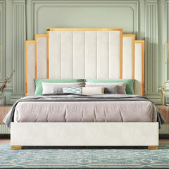 AMERLIFE Bed Frame with 65" Headboard, Upholstered Platform Bed with Golden Plating Trim, Modern Luxury Bed Frame, No Box Spring Needed/No Mattress/Queen/King//Unique Bedroom Furniture/Best Gift Ideas/Christmas Gifts