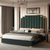 AMERLIFE Bed Frame with 65" Headboard, Upholstered Platform Bed with Golden Plating Trim, Modern Luxury Bed Frame, No Box Spring Needed/No Mattress/Queen/King//Unique Bedroom Furniture/Best Gift Ideas/Christmas Gifts