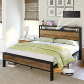AMERLIFE Industrial Full /Queen/King Size Bed Frame, Rustic Metal Bed Frame with 2-Tier Storage Headboard and Charging Station, No Box Spring Needed/No Mattress/Small Unique Home Furniture Room/Best Gift Ideas/Christmas Gifts
