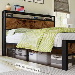 AMERLIFE Industrial Full /Queen/King Size Bed Frame, Rustic Metal Bed Frame with 2-Tier Storage Headboard and Charging Station, No Box Spring Needed/No Mattress/Small Unique Home Furniture Room/Best Gift Ideas/Christmas Gifts